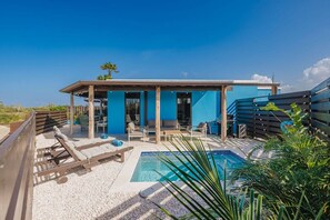 A modern house with a pool, outdoor seating, and a blue exterior. - Cactus Vista Noord close to Palm Beach! (Noord)