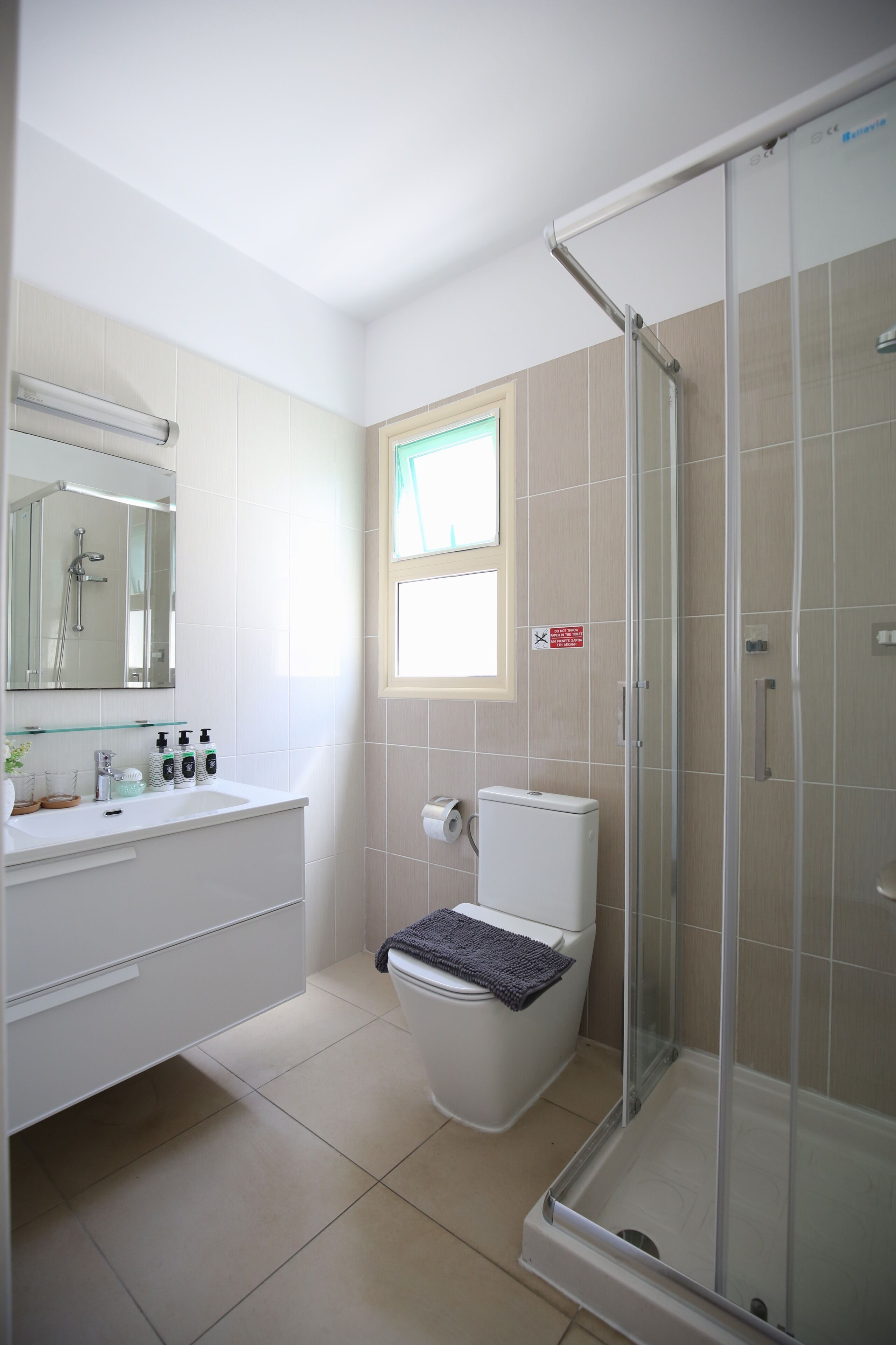 Shower, hair dryer, bidet, towels
