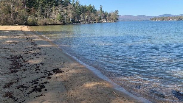 Une plage à l’eau claire, un rivage sablonneux et une zone boisée en arrière-plan.