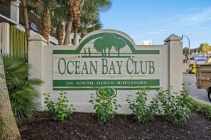 A sign for Ocean Bay Club at 201 South Ocean Boulevard. - Ocean Bay Club 1510-4 Bedroom-Indoor/Outdoor Pools (North Myrtle Beach)
