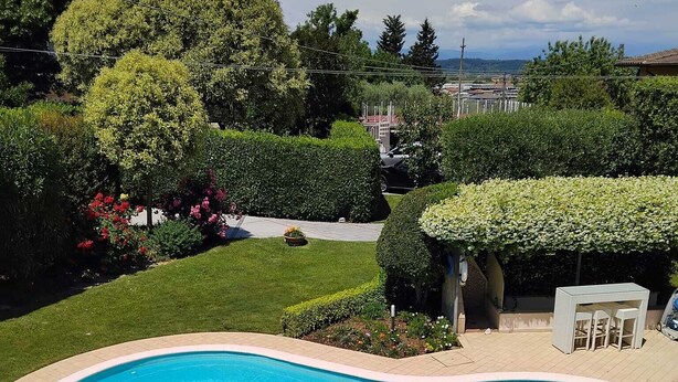 A swimming pool with a curved edge, surrounded by a paved deck and a grassy area.