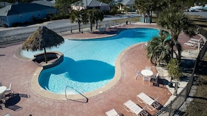 A swimming pool with lounge chairs and a thatched umbrella, surrounded by a brick patio and palm trees.