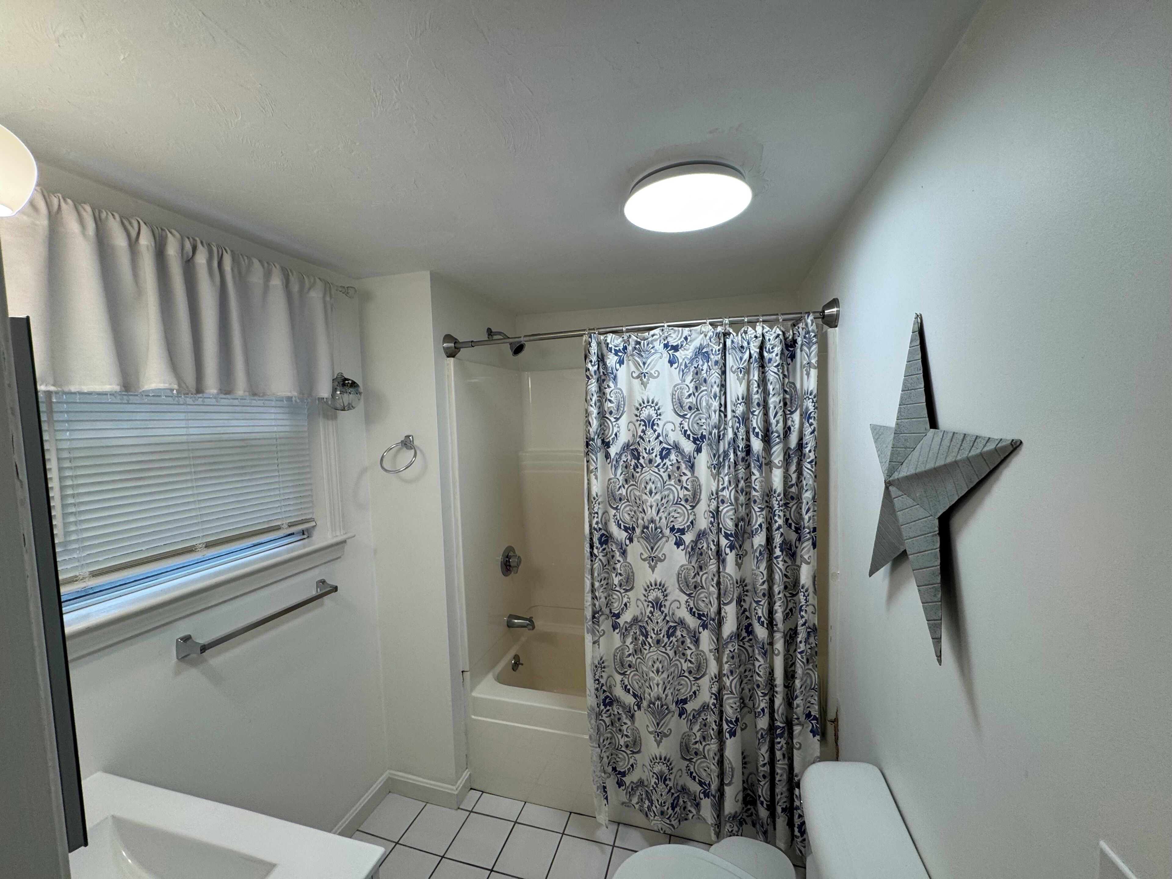Hair dryer, towels, soap, toilet paper