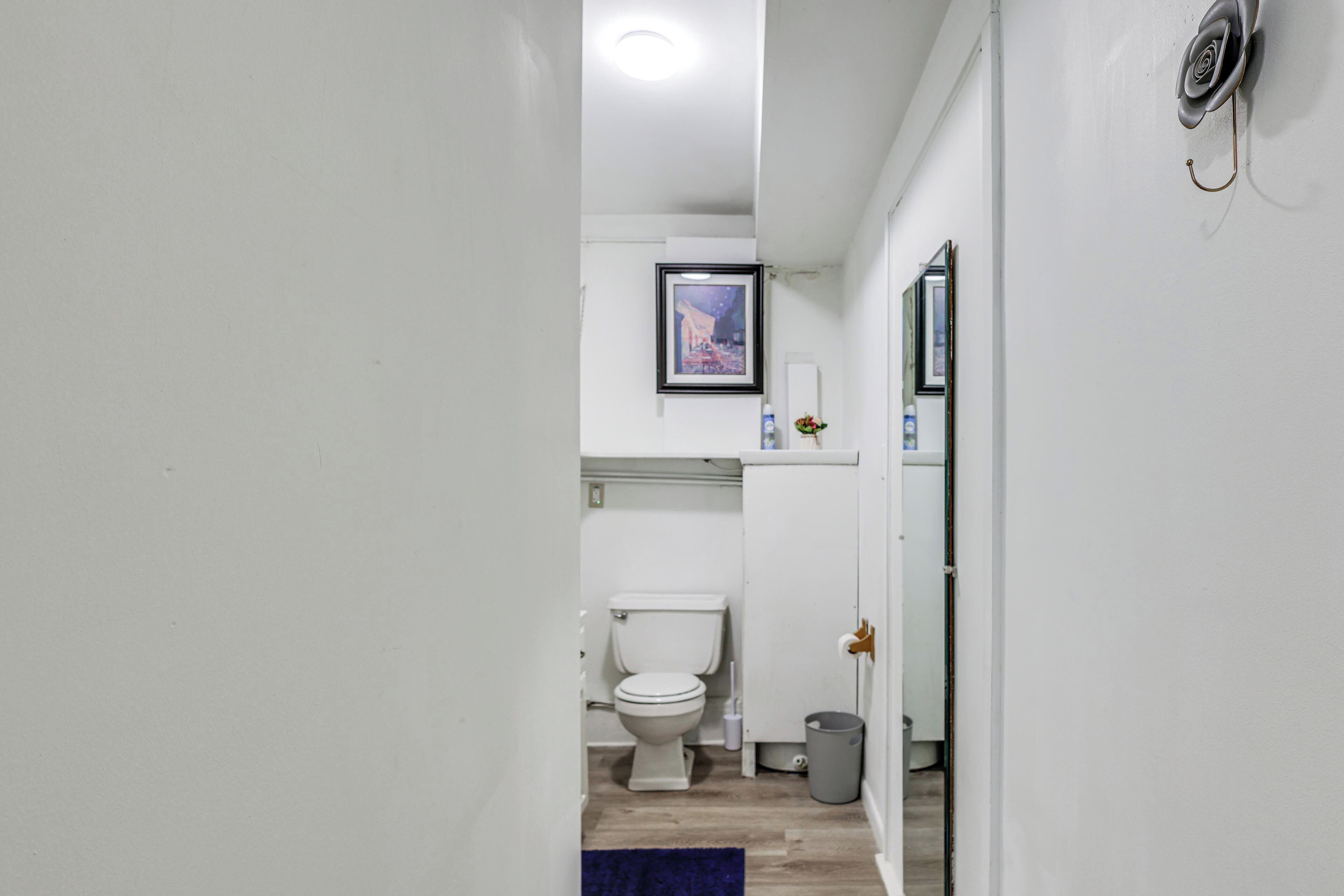 A narrow hallway leading to a bathroom with a toilet, a small trash bin, and a framed picture on the wall.