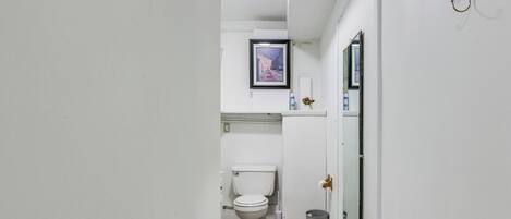 A narrow hallway leading to a bathroom with a toilet, a small trash bin, and a framed picture on the wall.