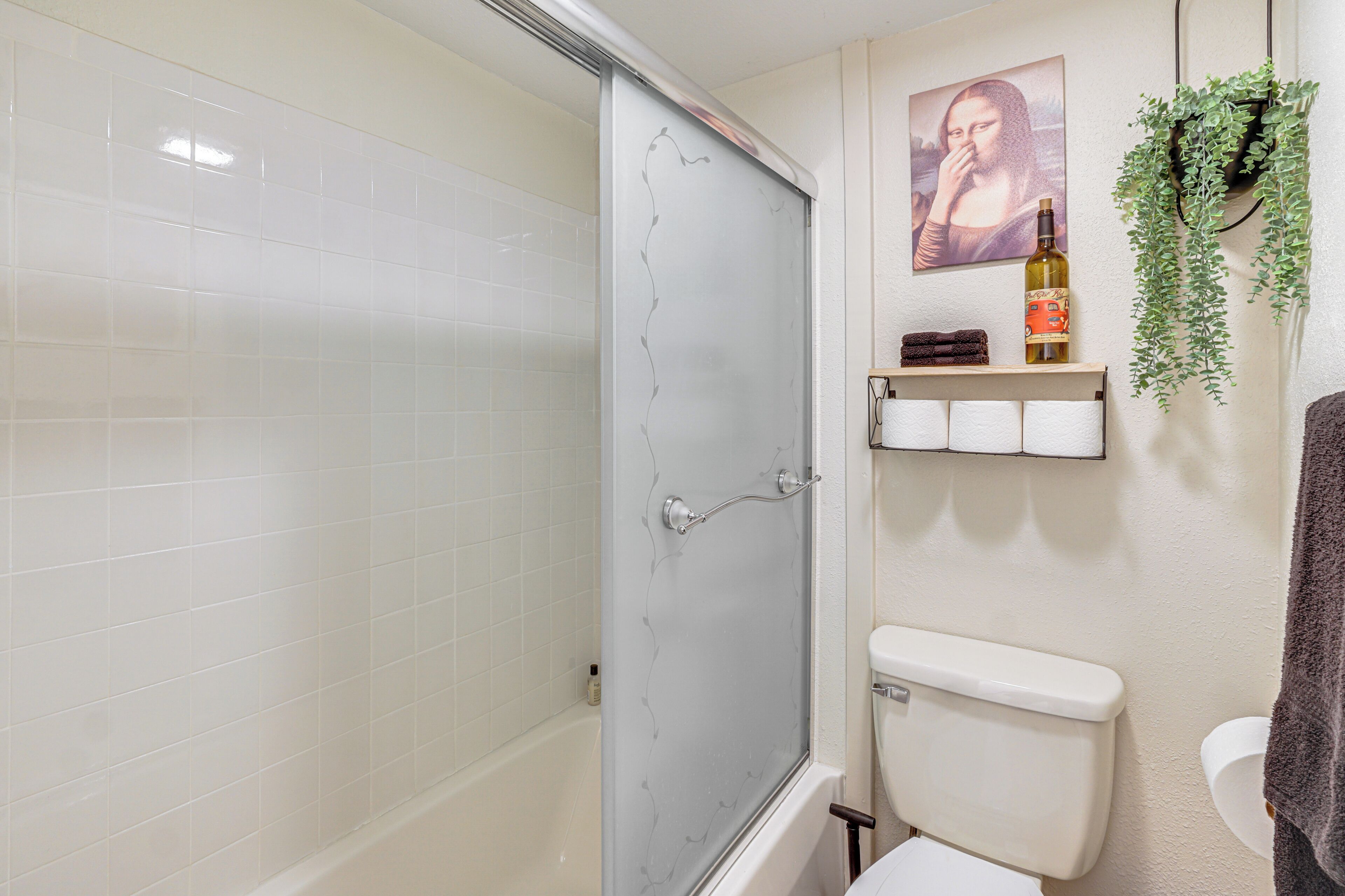 A bathroom with a glass shower door, a toilet, a shelf with toiletries, and a hanging plant.