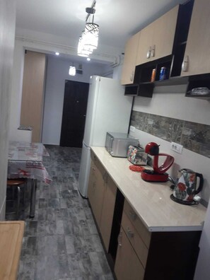 Private kitchen - well-equipped kitchen, shops downstairs, train station 5 minutes away (Craiova)