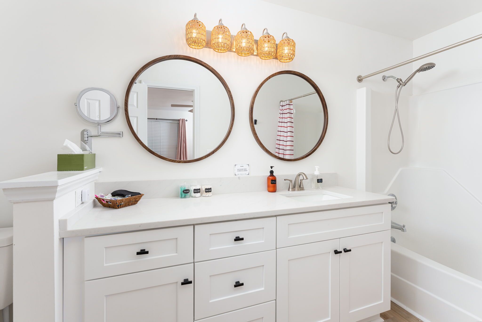 Hair dryer, towels, soap, shampoo