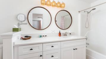 Hair dryer, towels, soap, shampoo