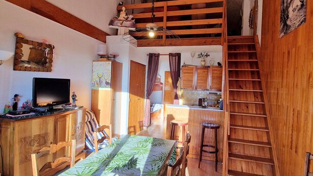A cozy interior with a dining area, a TV, wooden furniture, and a kitchen. - Central apartment, pets allowed - 6 guests (Saint-Michel-de-Chaillol)