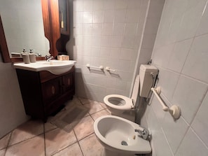 Hair dryer, bidet, towels, soap