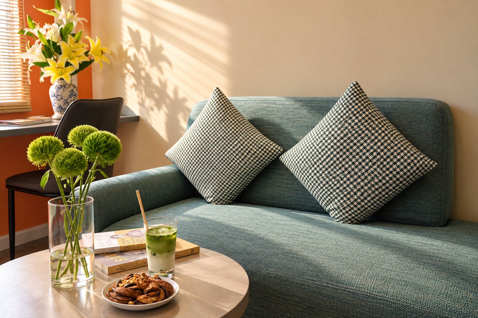 A room with a green sofa, two patterned pillows, a clear vase with green flowers, a glass of green drink, a bowl of cookies, and a book on a round table.