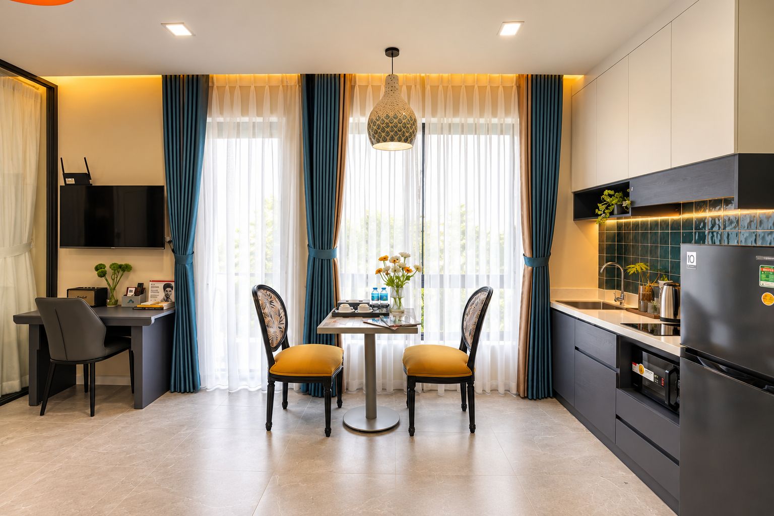 A modern kitchen with a dining area, a flat-screen TV, and a refrigerator.
