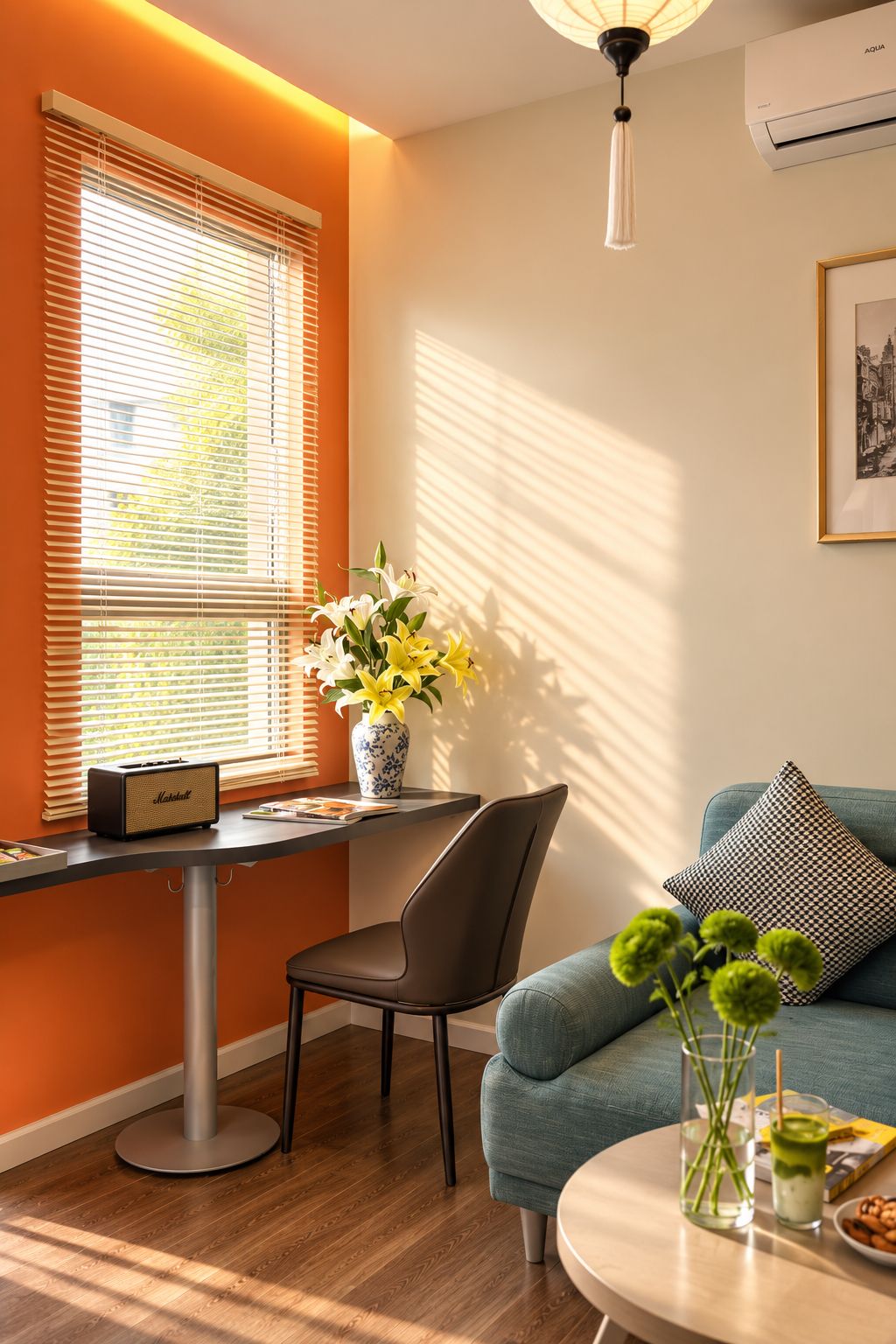 Una sala de estar moderna con un sofá, una mesa con un florero y un sillón.