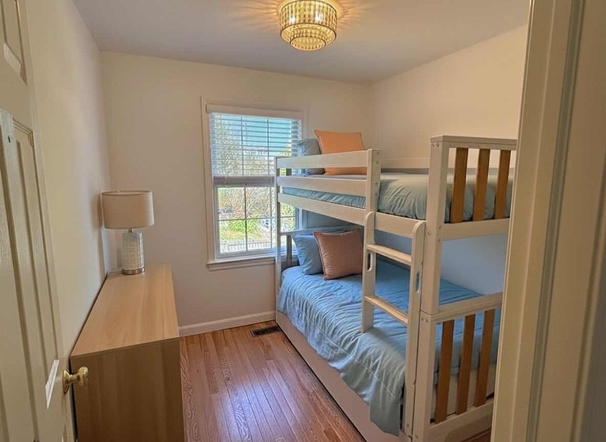 A room with bunk beds, a window with blinds, a lamp on a bedside table, and a door.