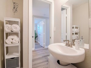 A bathroom with a white sink, a mirror, and a towel rack. - Private Tampa Home w/ Basketball Court & Fire Pit - Near USF & Busch Gardens (Tampa)