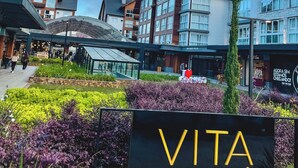 Zona comercial com placa indicando 'VITA BOULEVARD' e edifícios modernos com grandes janelas.