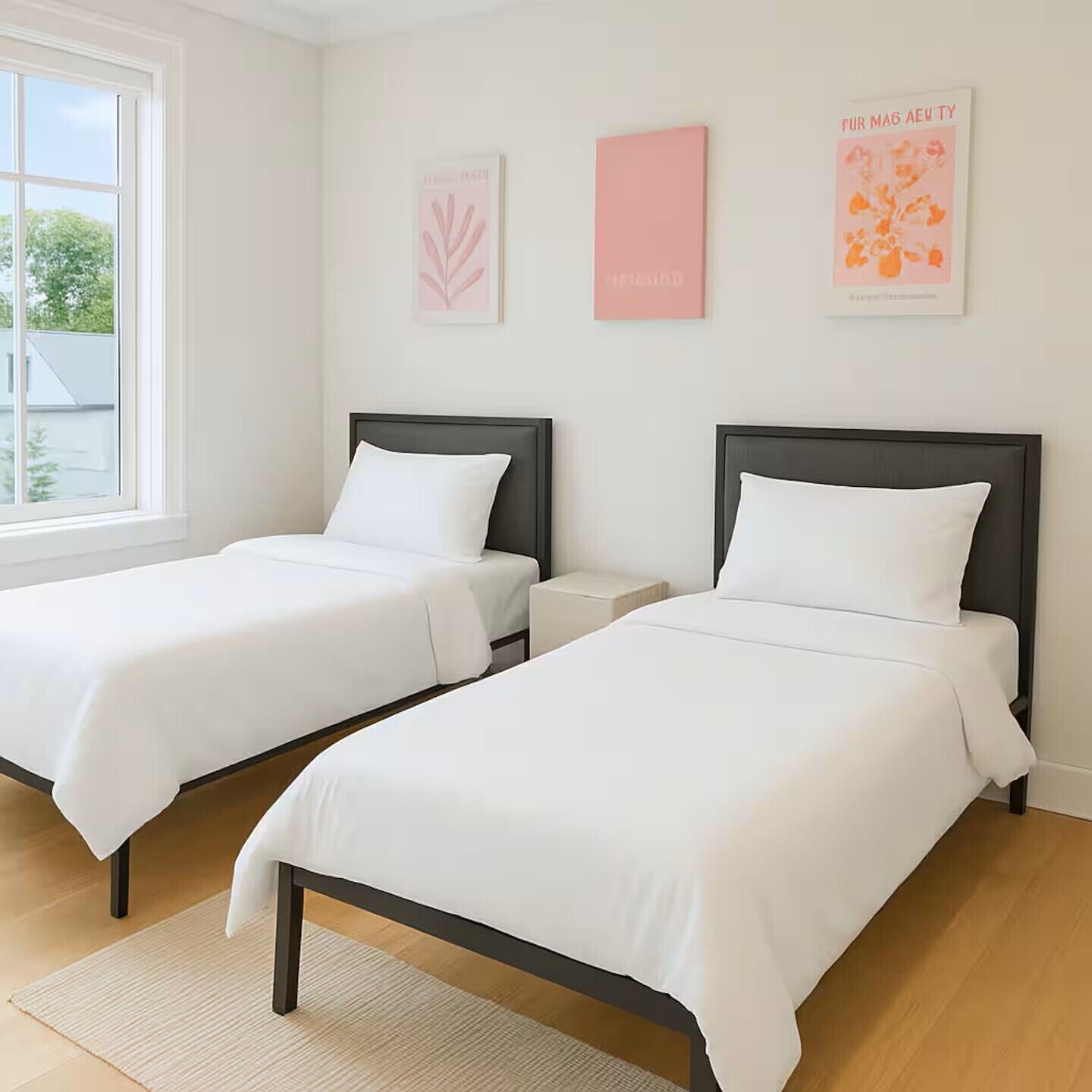 Une chambre avec deux lits, une fenêtre et trois œuvres d’art accrochées au mur.