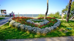 A heart-shaped flower bed with red and white flowers, surrounded by grass and trees, with a clear sky and a path in the background. - Comfortable Holiday Home , Summer Pool (Rewal)