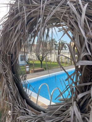 Vista circolare di una piscina circondata da erba secca.