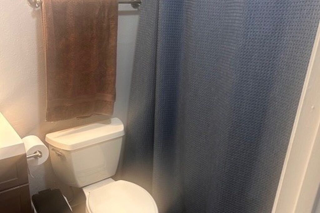 Un baño con inodoro, toallero y cortina de ducha.