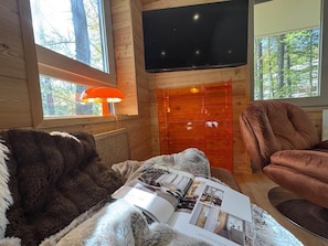 A cozy cabin interior with a fireplace, a television mounted on the wall, and a comfortable seating area with a fur throw and a magazine. - 300m from shops, 5th floor, terrace, ski locker, 74m², Vars (Vars)