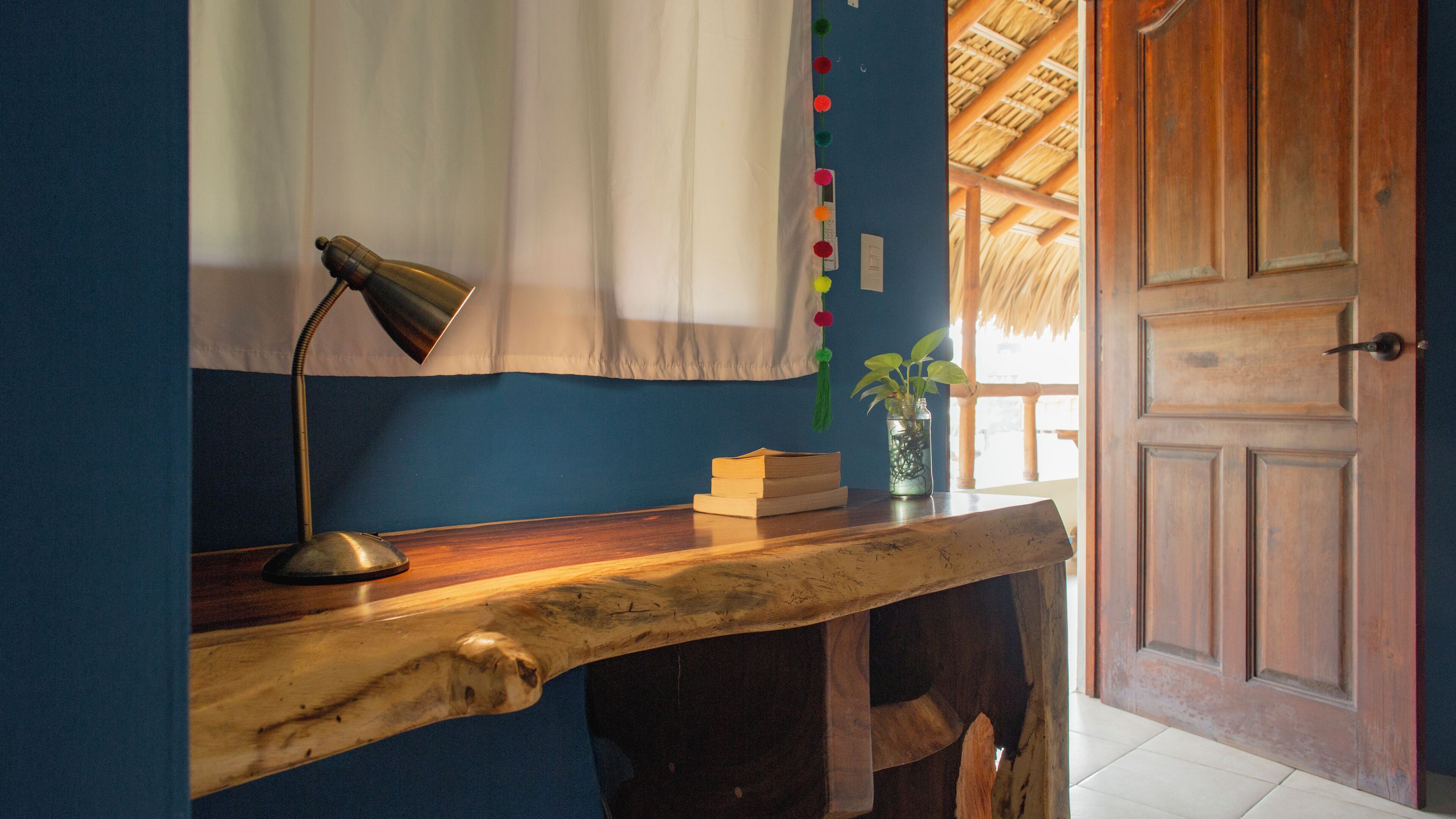 A wooden desk with a lamp, a plant, and books.