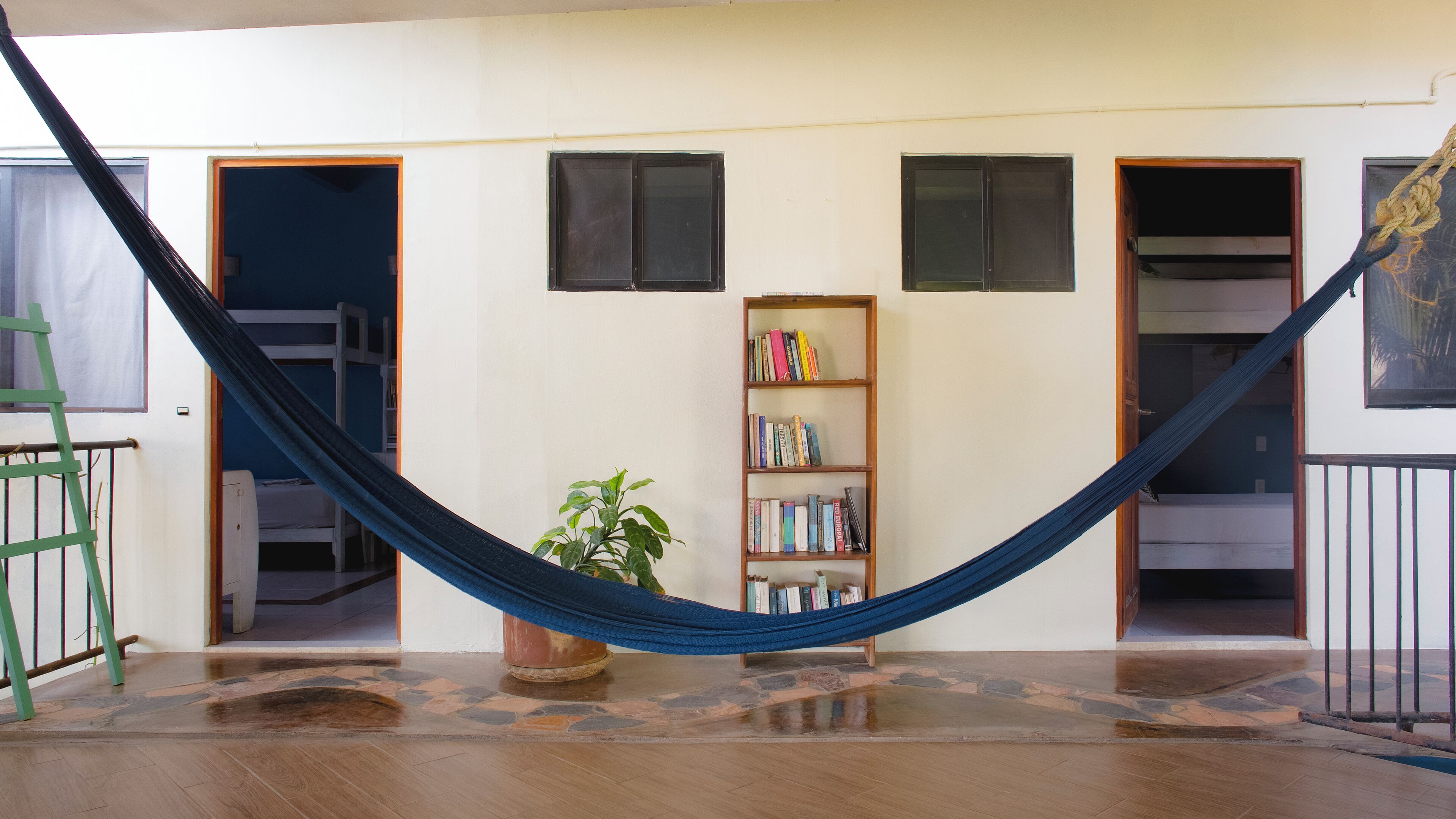 Een hangmat in een kamer met een boekenkast, een plant en een ladder.