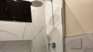 Une salle de bain équipée d’une douche, de toilettes et d’un panneau de commande.
