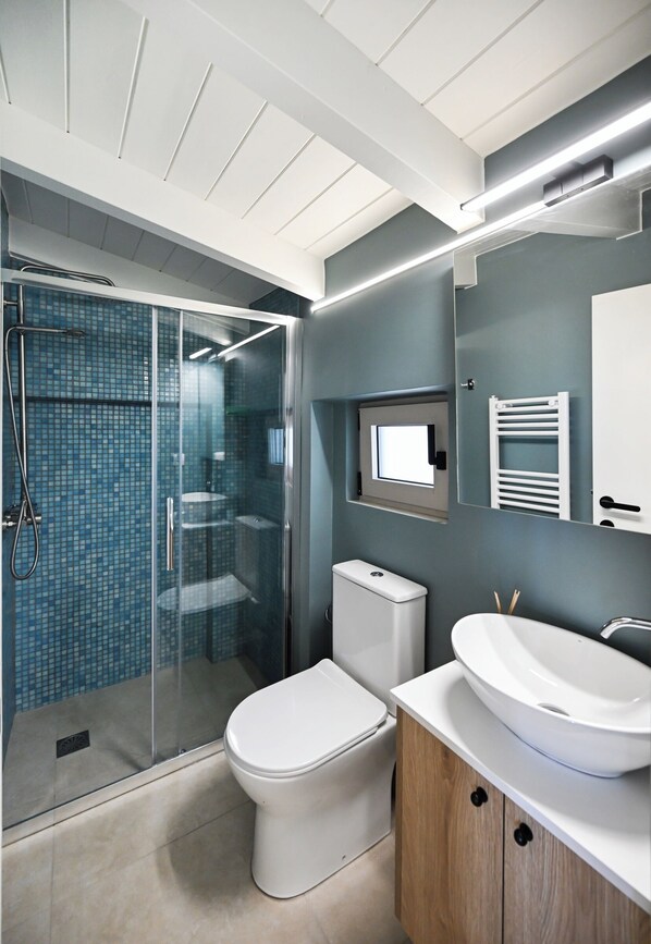 A modern bathroom with a glass-enclosed shower, a toilet, and a sink. - Maison D'Azur Lefkas Private Pool  (Lefkada)