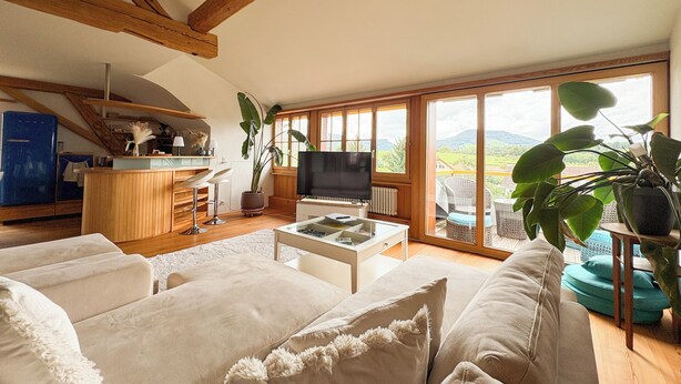A spacious living room with a large sofa, a television, and a view of the outdoors through large windows.