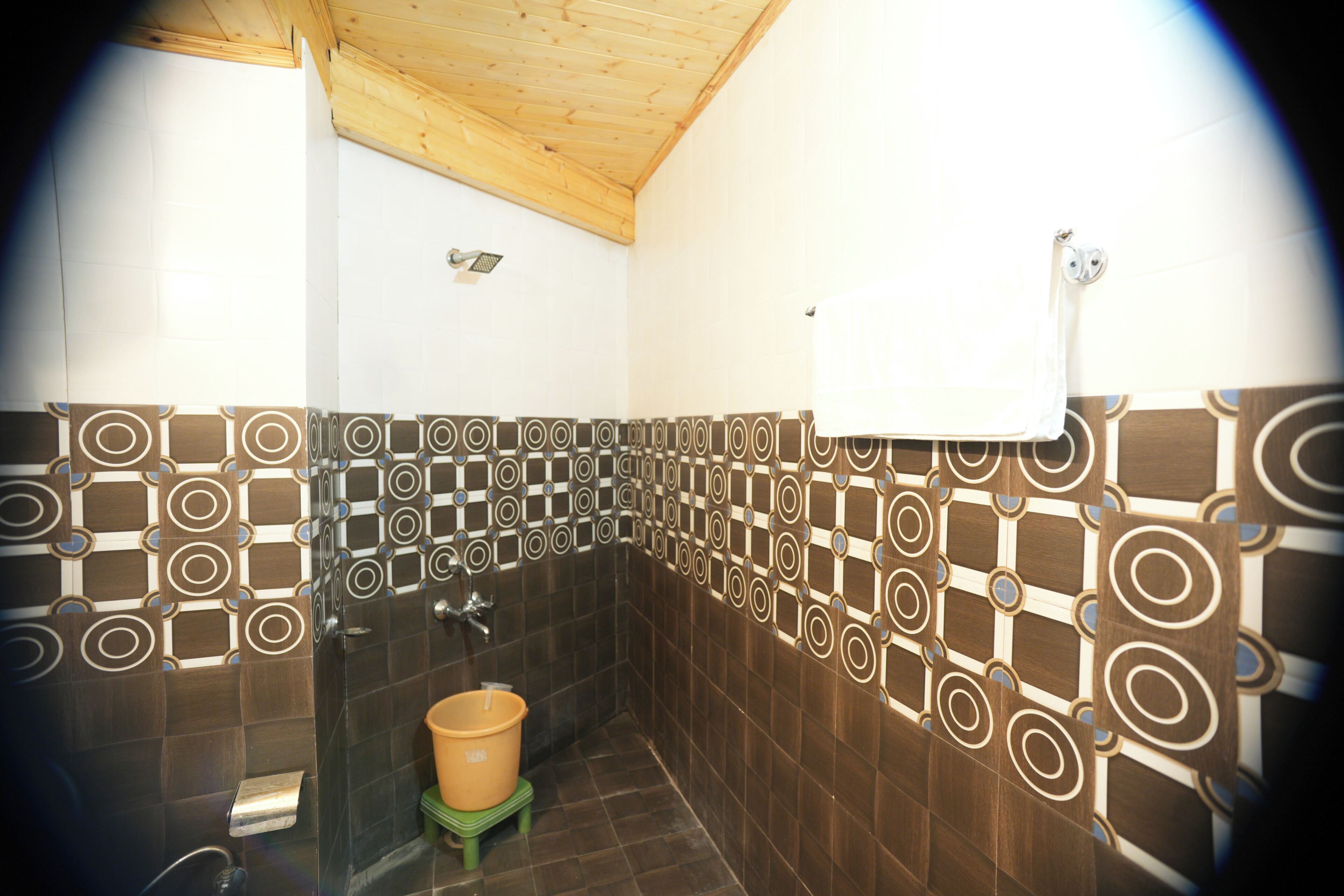 A bathroom with patterned tiles, a wooden ceiling, a green step, and a white towel hanging on the wall.
