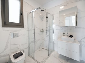 Deluxe Apartment, Mountain View | Bathroom | Shower, hair dryer, towels, soap - Urban Nest Collection Modern CityLiving (Lefkada)