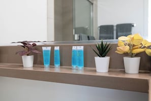 Un espace d’accueil avec un comptoir où sont exposées des plantes en pot et un miroir qui reflète l’intérieur.