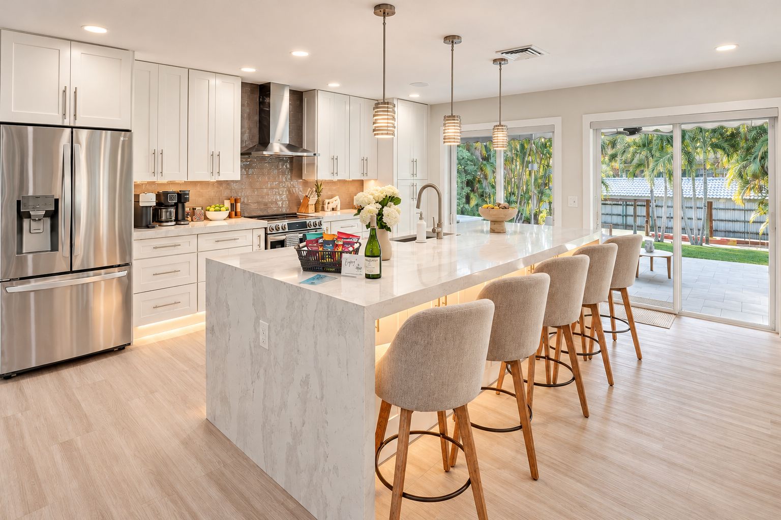 A modern kitchen with a central island, stainless steel appliances, and a view to the outdoors.