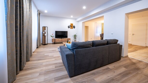 Un salon moderne avec un canapé gris, un plancher en bois, un téléviseur et une plante.