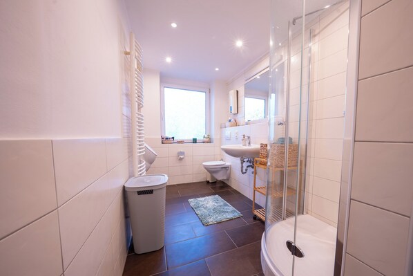 Shower, hair dryer, towels, soap