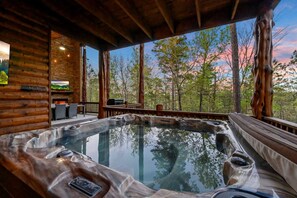 Outdoor spa tub - Treetops · Sleeps 16: Family Cabin w/ Hot Tub, Games & Decks (Broken Bow)