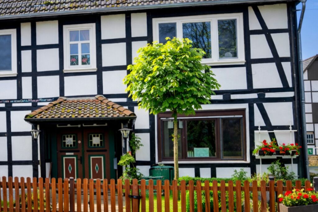 A traditional half-timbered house with a wooden fence, a small tree, and flower boxes.