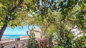 A stone building with a thatched roof, surrounded by lush greenery and overlooking a clear blue sea.