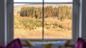 A window with a view of a forested landscape. - Peaceful family hideaway near Doolin with Aran views & stunning sunsets. (Doolin)
