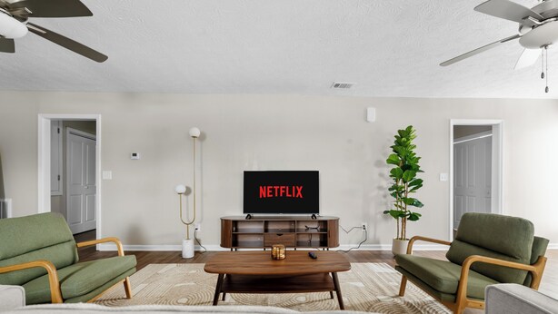 Una sala de estar con una televisión mostrando 'NETFLIX', una mesa de centro de madera, dos sillones verdes, una lámpara de pie y una planta en maceta.