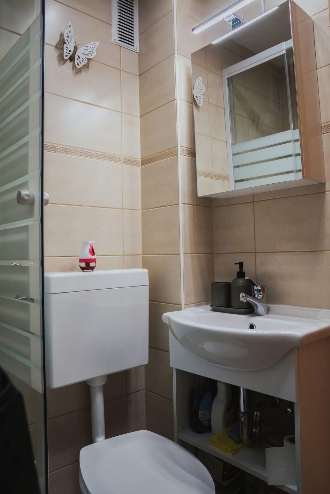 A bathroom with a toilet, sink, and mirror.
