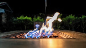 Un feu qui brûle sur une surface plane, avec un arrière-plan flou de verdure.
