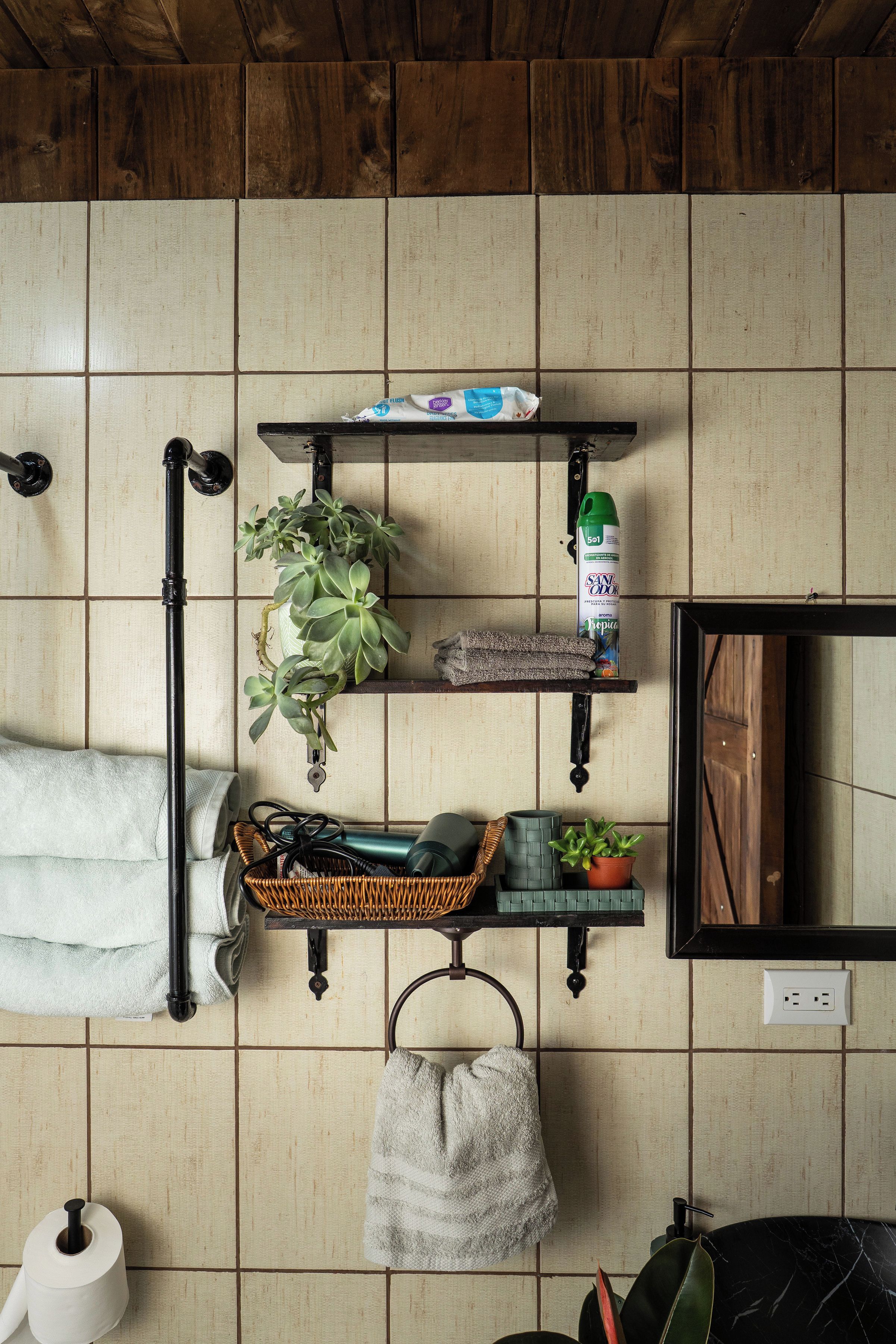Un baño con pared de azulejos, una planta colgante, estante con artículos de aseo, toallero y espejo.
