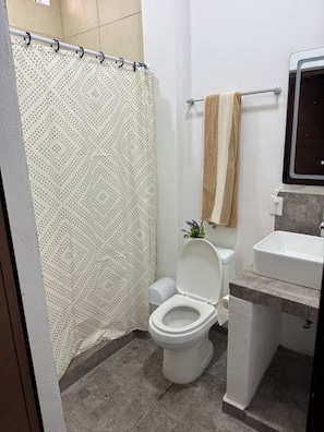 Une salle de bain équipée d’un rideau de douche, de toilettes, d’un lavabo et d’un porte-serviettes.