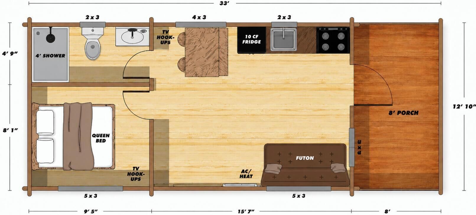 A 15'7' room layout with a 4'9' shower, 8'1' queen bed, 8' porch, and 10 CF fridge.