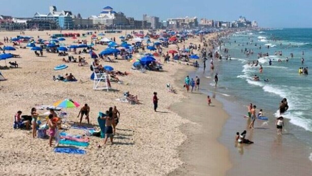 Una spiaggia affollata con persone, ombrelloni e lettini.