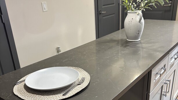 A kitchen with a dark countertop, a white plate, a fork, a woven placemat, and a potted plant. - Welcome to your home away from home. A calm, escape designed for pure relaxation (Decatur)