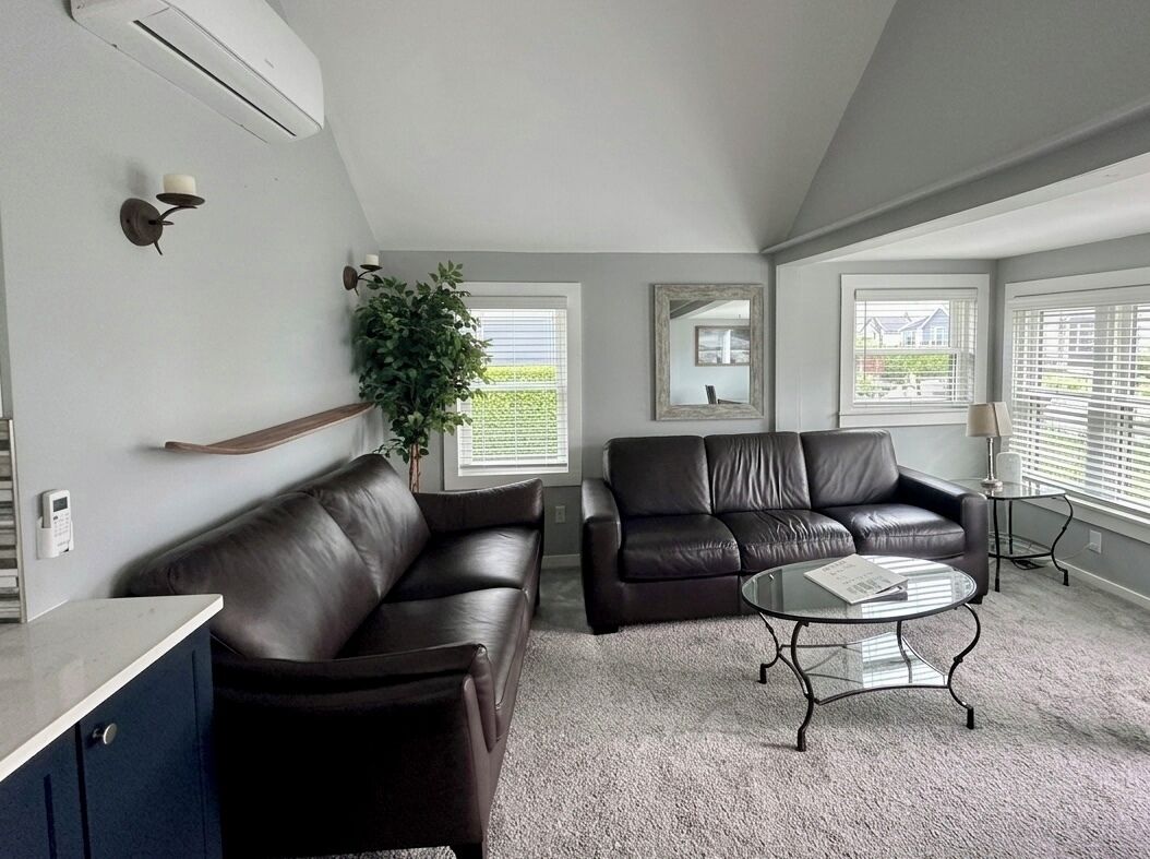 A living room with a brown leather sofa, a glass coffee table, a potted plant, and a mirror on the wall.